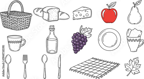 Hand-drawn picnic essentials including basket, food, drinks, and tableware for outdoor dining