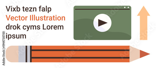 Education, content creation, digital media, graphic design, online learning, career development. Pencil, play button on screen upward arrow. Content creation and education concept