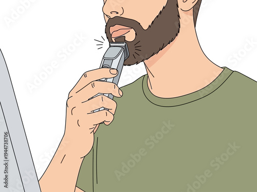 Man trimming his beard with an electric trimmer in front of a mirror.