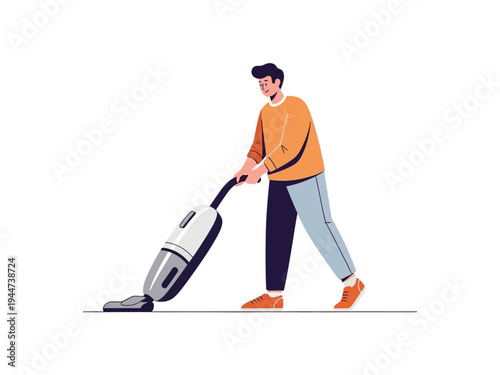 Man vacuuming floor with modern cordless vacuum cleaner.