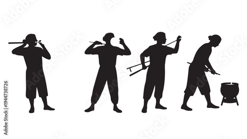 Vector Silhouette Illustration Of Four Blacksmiths Working With Various Tools On White Background For Industrial And Craft Concepts