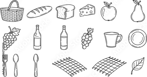 Hand-drawn picnic essentials including basket, food, drinks, and tableware