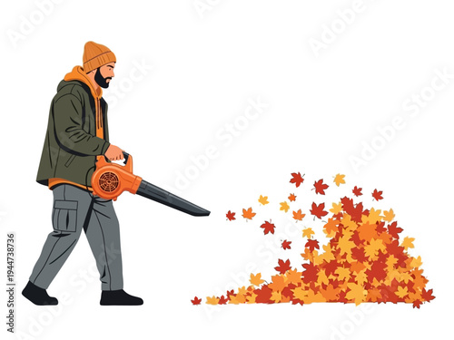 Man using leaf blower to clear autumn leaves.