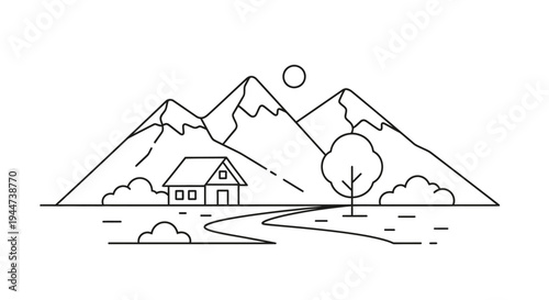 Simple Line Drawing of House and Mountains.