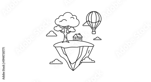 Whimsical Floating Island with House and Tree.