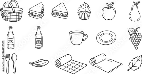 Hand-drawn picnic icons including basket, sandwiches, fruits, drinks, and picnic blanket