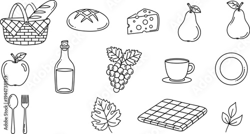 Hand-drawn picnic elements including basket, bread, cheese, fruit, and tableware