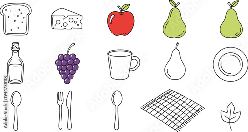 Collection of simple food and kitchen icons for healthy eating and meal preparation
