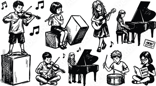 Hand drawn vector children playing violin flute guitar piano and drums in various poses with musical notes classroom stage lively
