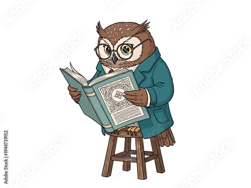 Wise Owl Wearing Glasses Reading a Book on a Stool.