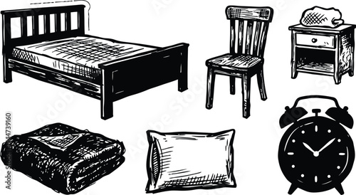 Line art hand drawn wooden bed and chair with nightstand pillow blanket alarm clock close up perspective black ink sketch