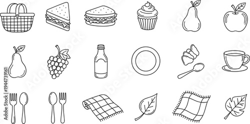 Collection of picnic and food icons in a simple line art style