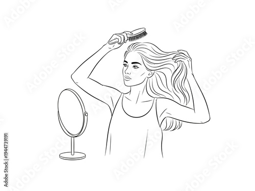 Woman Brushing Long Wavy Hair in Front of Mirror.