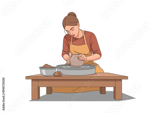 Woman focused on pottery wheel creating art.