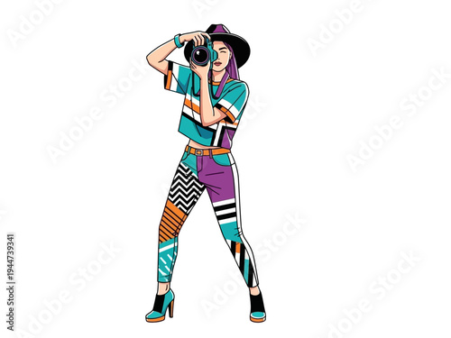 Woman in retro outfit taking a photo with a vintage camera.