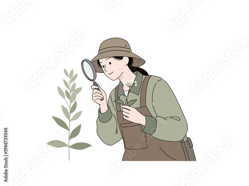 Woman in hat examining plant with magnifying glass.