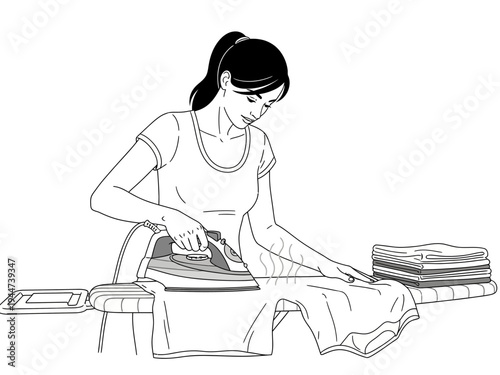 Woman ironing clothes on an ironing board with a pile of folded clothes.