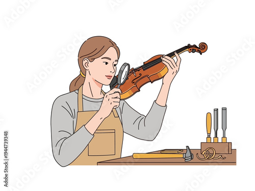 Woman Inspecting Violin with Magnifying Glass.