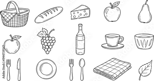 Collection of hand-drawn picnic elements including food, drinks, and tableware