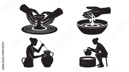 Vector Illustration Of Pottery Making Process With Silhouette Of Potter At Work For Ceramics And Crafts Concept