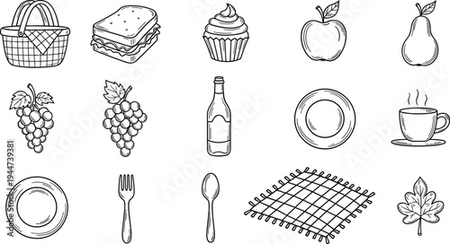 Collection of hand-drawn picnic and food icons for a delightful outdoor meal experience