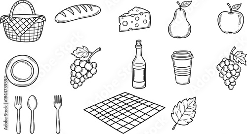 Hand-drawn picnic essentials including basket, bread, cheese, fruit, and drinks