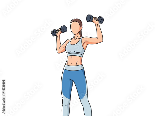 Woman performing dumbbell shoulder press exercise with focus and determination.