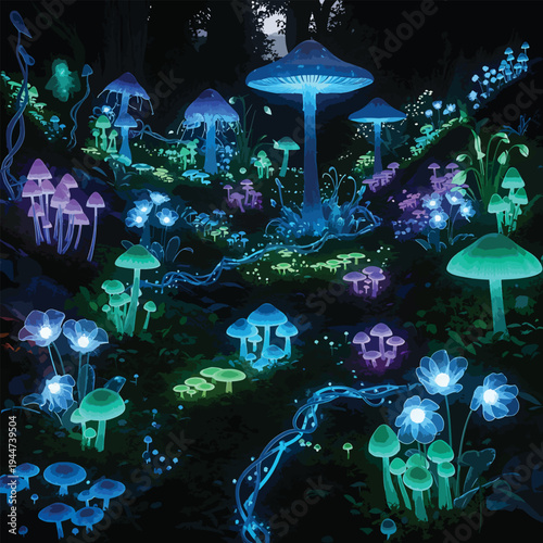 Glowing mushrooms and flowers illuminate a mystical forest at night with vibrant blue, green, and purple hues emanating from the flora.