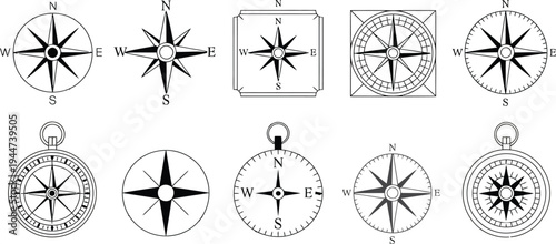 Compass rose icon set vector, nautical wind rose symbols with cardinal direction markers for navigation and mapping design.