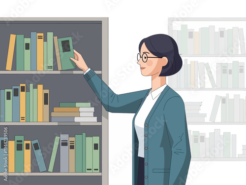 Woman selecting a book from a library shelf.