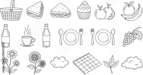 Collection of hand-drawn picnic elements including food, drinks, and nature items