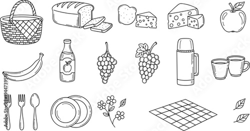 Hand-drawn picnic essentials including basket, bread, cheese, fruit, and drinks