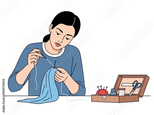 Woman sewing fabric with needle and thread.