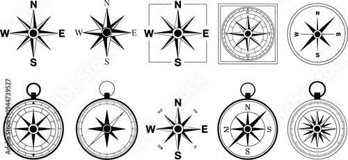 Compass rose icon set vector, collection of wind rose navigation symbols with cardinal directions for orientation and direction finding.