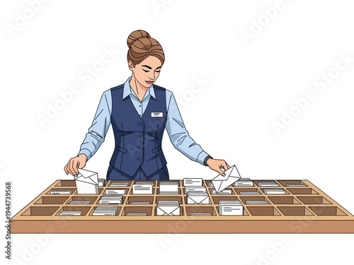 Woman sorting mail in a large sorting tray.