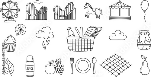 Amusement park and picnic icons collection for outdoor fun and leisure activities