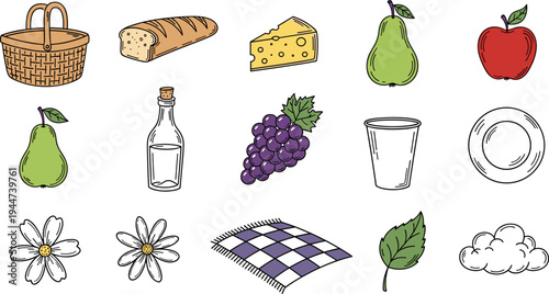 Hand-drawn picnic essentials including basket, bread, cheese, fruits, and blanket