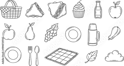 Hand-drawn picnic icons including basket, sandwiches, fruits, and thermos