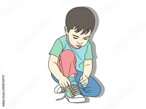 Young boy diligently tying his shoelaces with concentration.