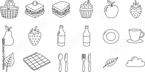 Collection of hand-drawn picnic icons including food, drinks, and accessories for outdoor dining