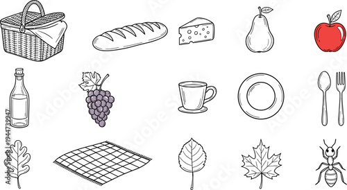 Collection of hand-drawn picnic elements including food, basket, and nature items
