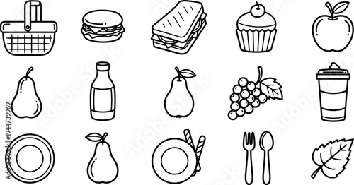 Collection of simple line art icons representing food and drink items for a picnic or meal