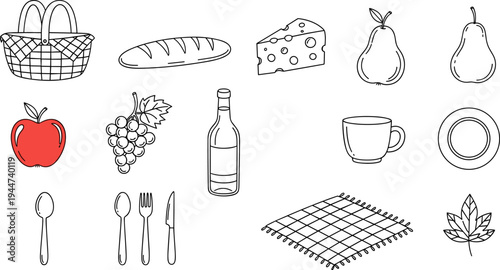 Hand-drawn picnic essentials including basket, bread, cheese, fruits, and tableware