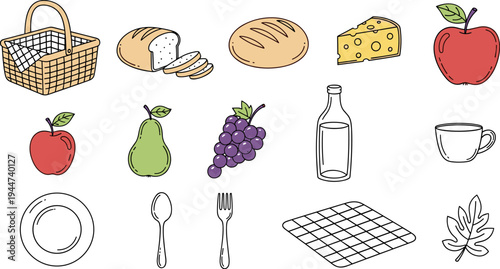 Collection of picnic items and food illustrations in a simple, charming hand-drawn style