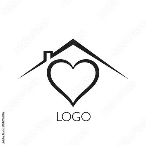 Home Love Logo - Minimalist House Roof Outline with Heart Symbol for Real Estate, Family Housing, and Community Support