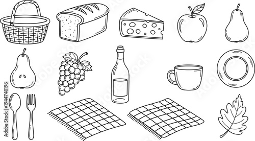 Hand-drawn picnic essentials including food, drinks, and tableware for an outdoor meal