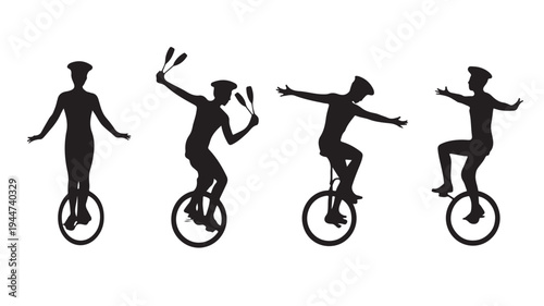 Vector Illustration Of Four Circus Performers Riding Unicycles In Different Poses For Entertainment And Talent Show Concepts