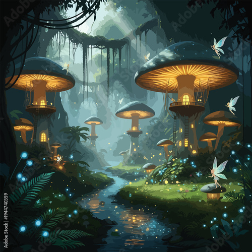A glowing fairy stands amidst giant mushrooms in a mystical forest near a stream with fireflies dancing around.