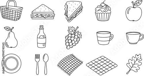 Hand-drawn picnic icons featuring food, drinks, and accessories for outdoor dining