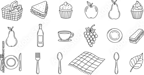Hand-drawn picnic icons featuring food, drinks, and tableware for outdoor meals